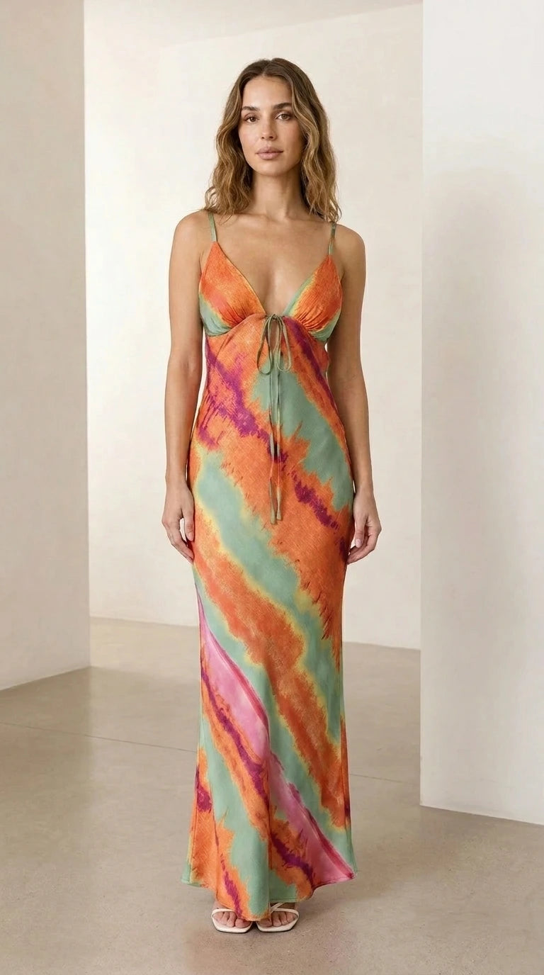 Front view of green tie-dye maxi slip dress variant