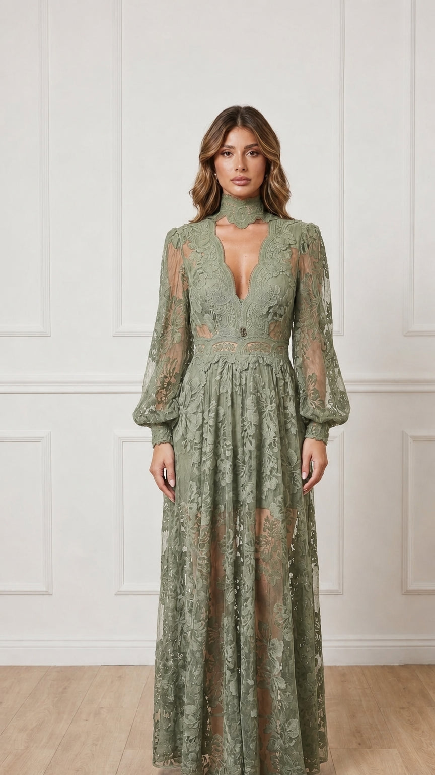 Front view of sage green sheer lace maxi dress