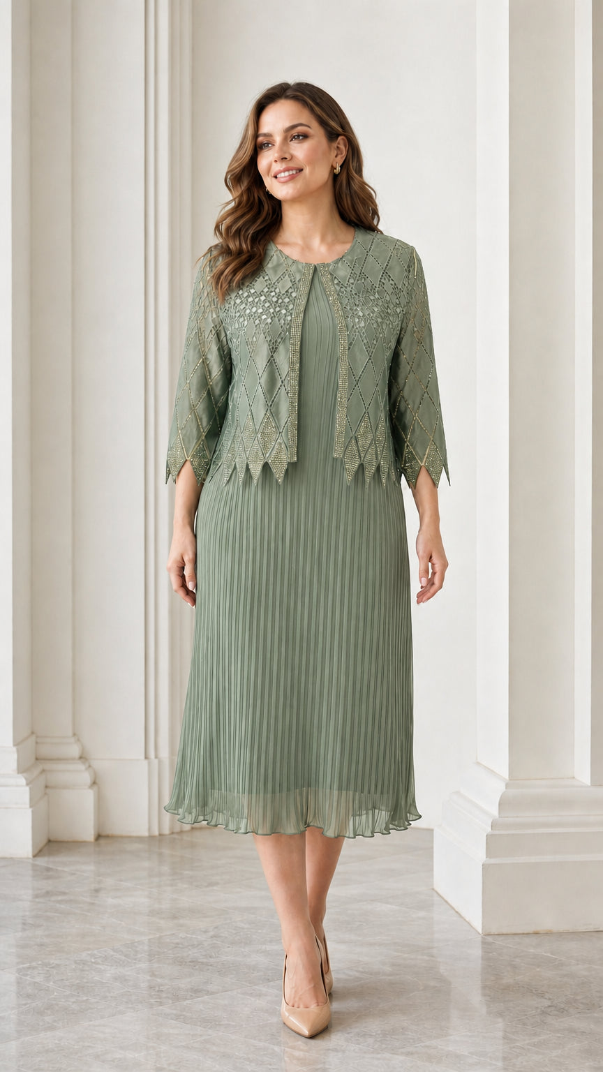 Front full view of sage green two-piece dress set