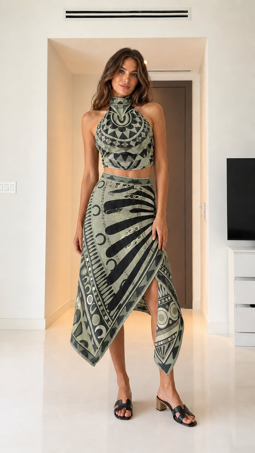 Woman wearing green geometric print two-piece set front view