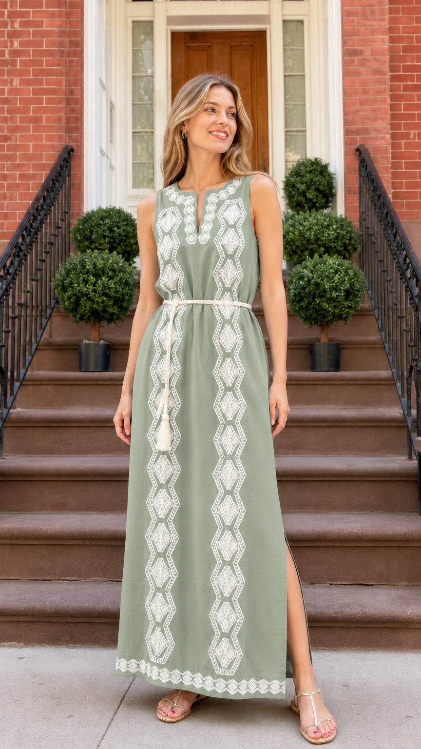Front view of woman wearing sage green embroidered maxi dress