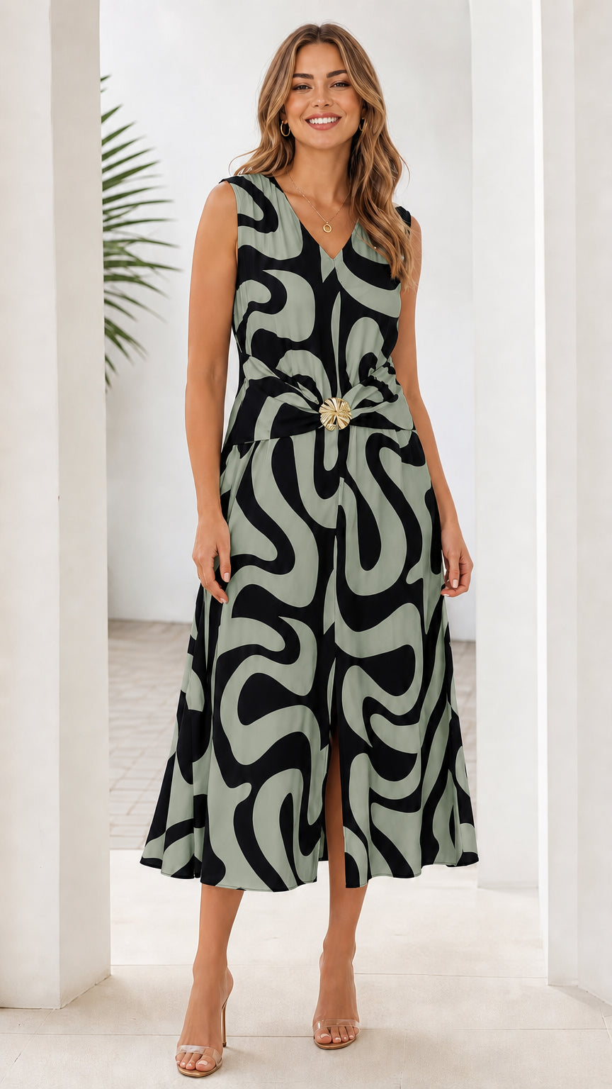 Front view of sage green and black abstract print midi dress
