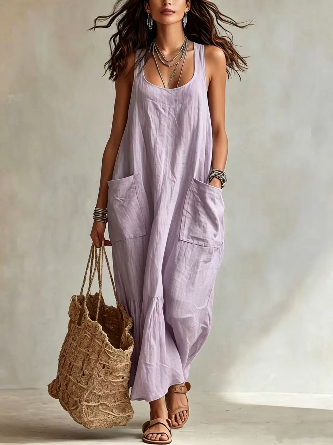 Women's casual sleeveless loose fit maxi jumpsuit in lavender
