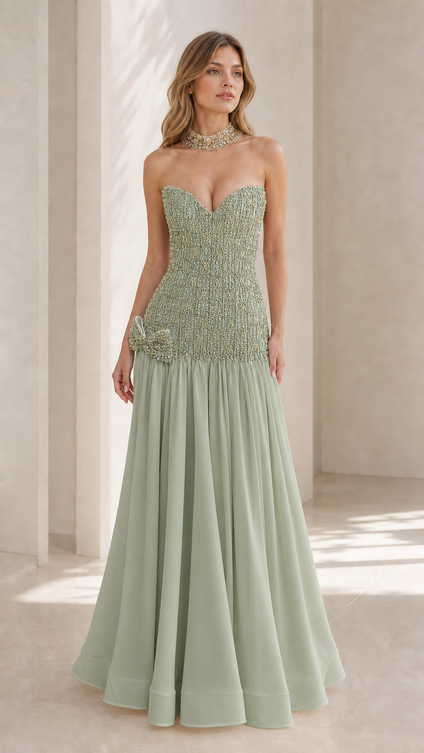 Sage Green variant of the beaded bustier evening dress