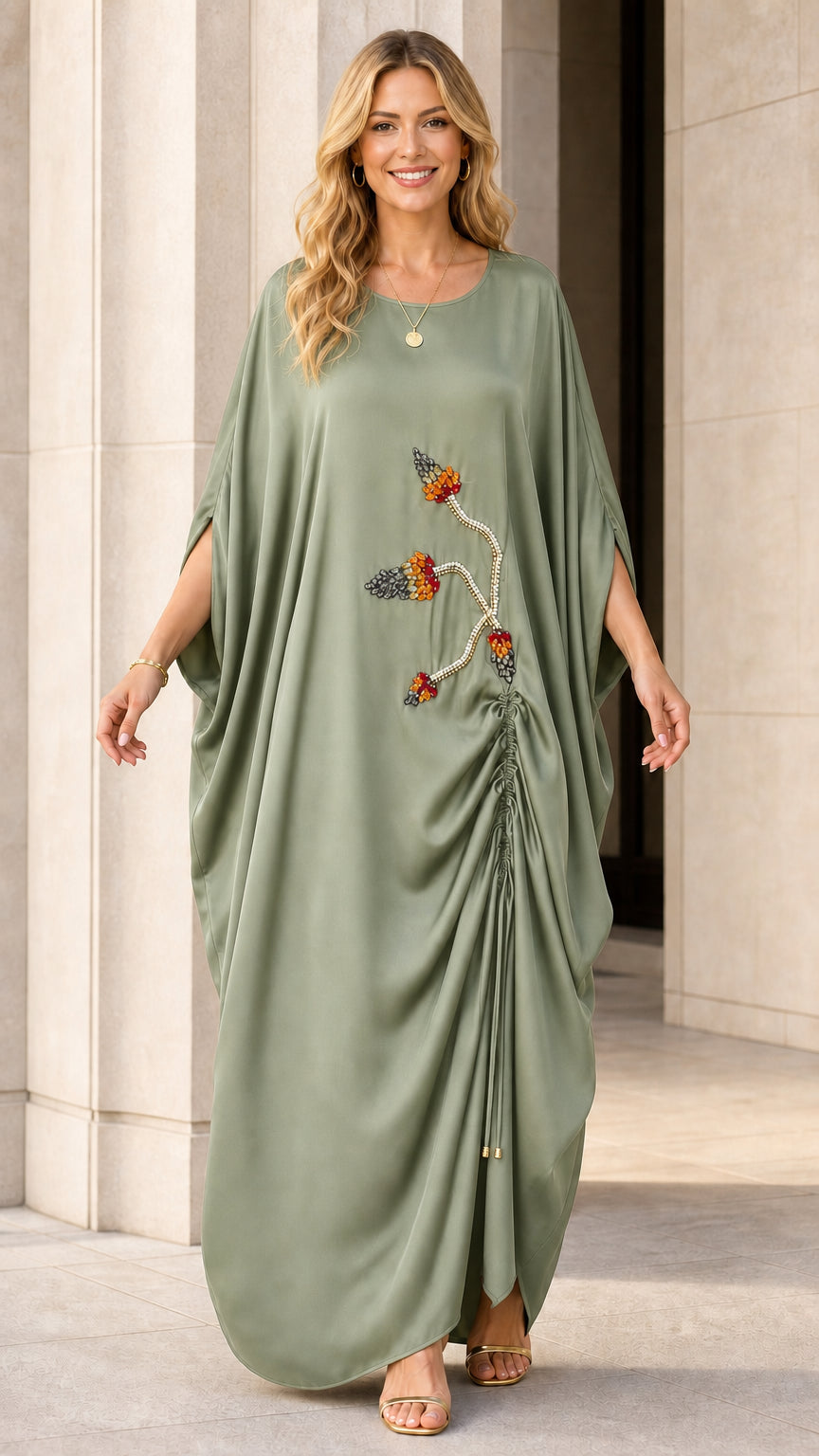 Model wearing sage green kaftan maxi dress