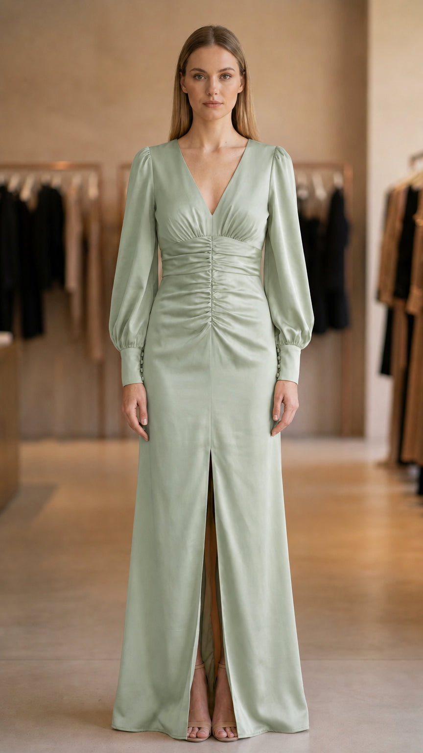 Model wearing sage green evening maxi dress