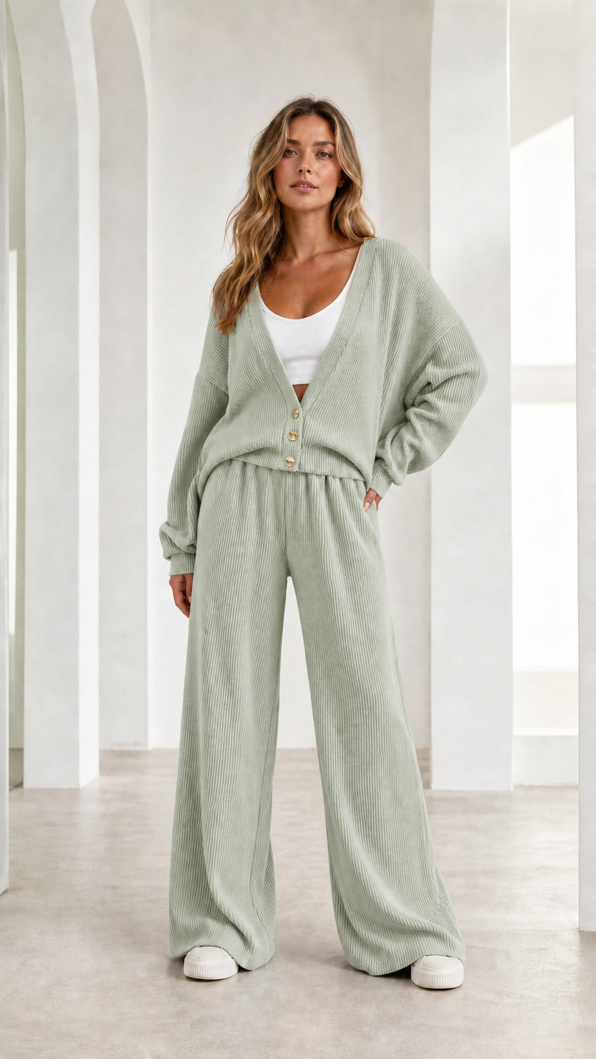 Woman wearing sage green ribbed knit lounge set