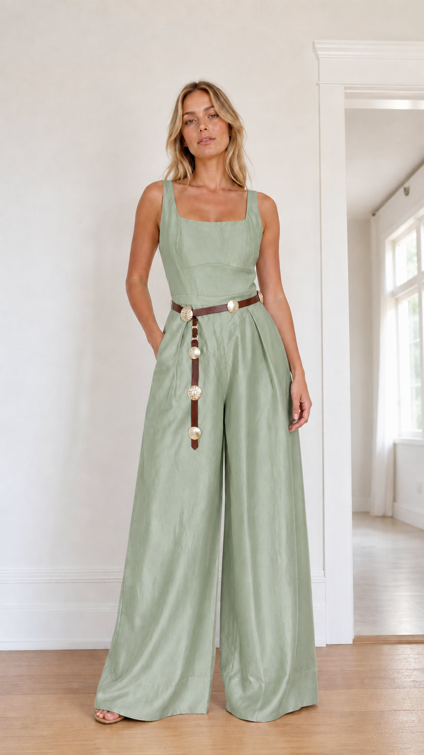 Front view of model wearing sage green wide leg jumpsuit