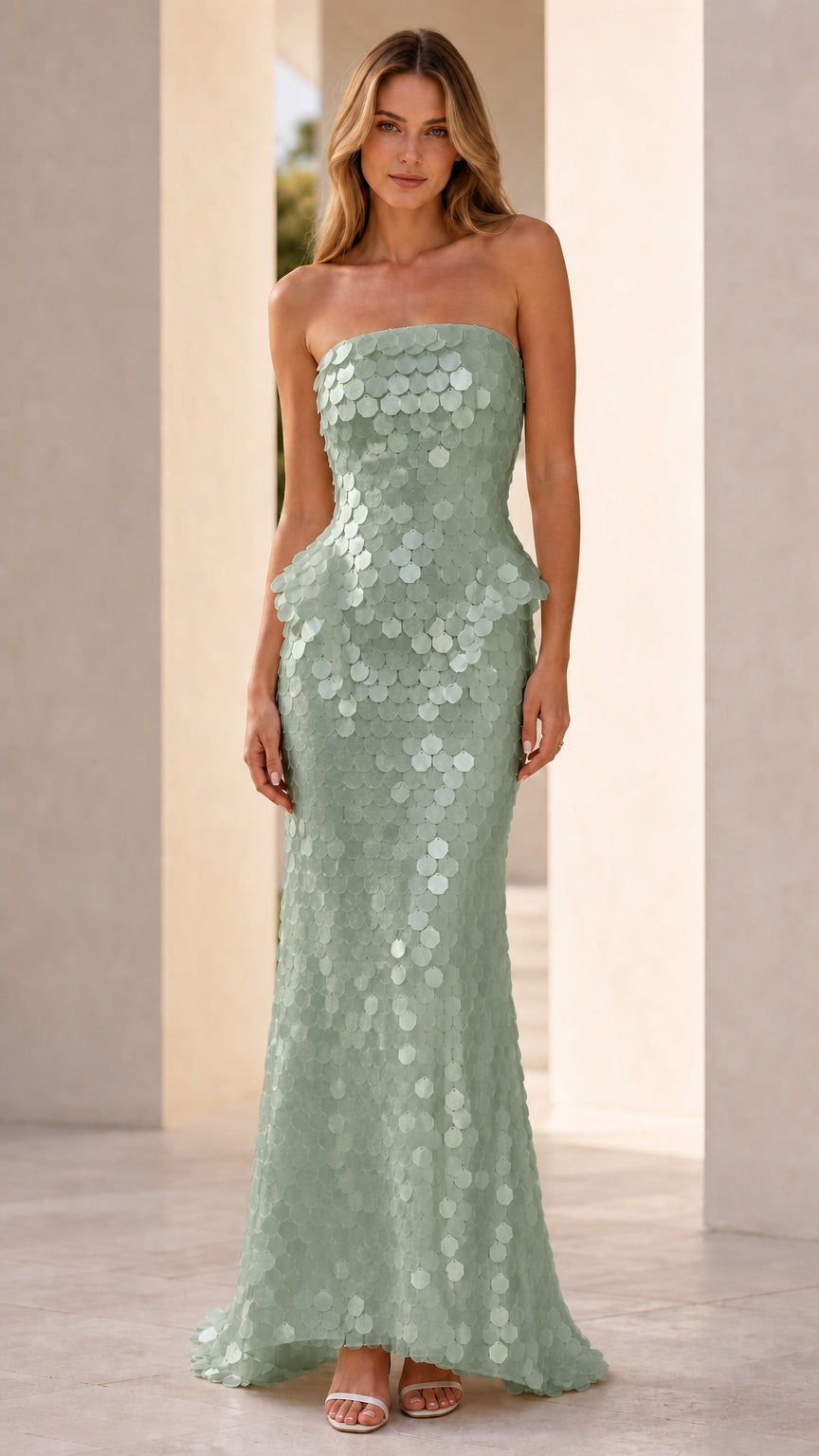 Front view of model wearing sage green sequin strapless peplum maxi dress