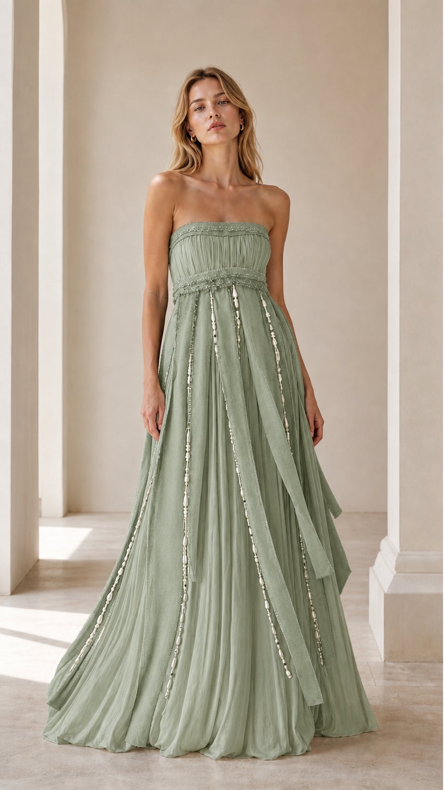 Front view of sage green strapless evening gown