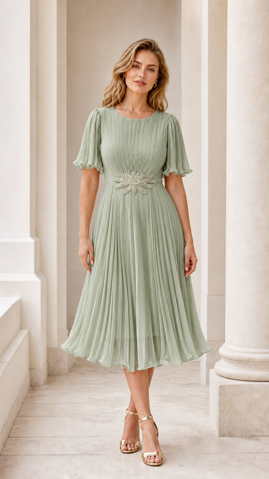 Front view of model wearing the sage green pleated midi dress