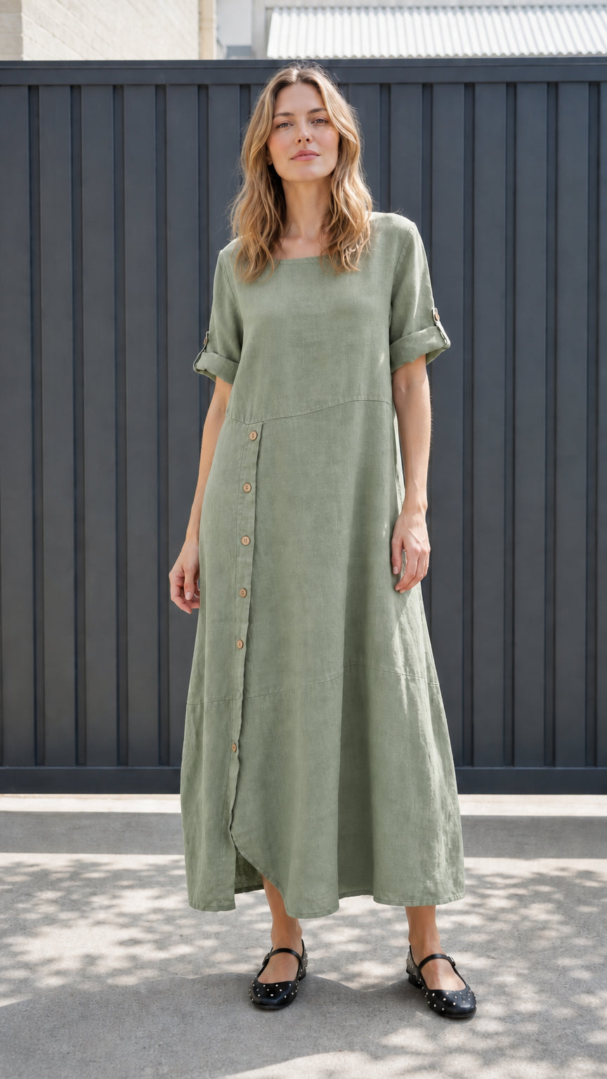 Front view of sage green asymmetrical button-front maxi dress