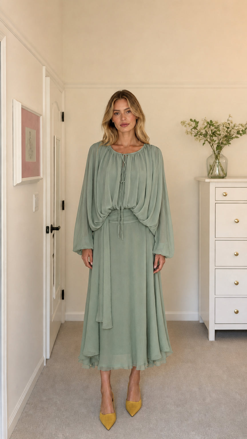 Model wearing sage green long-sleeve pleated midi dress