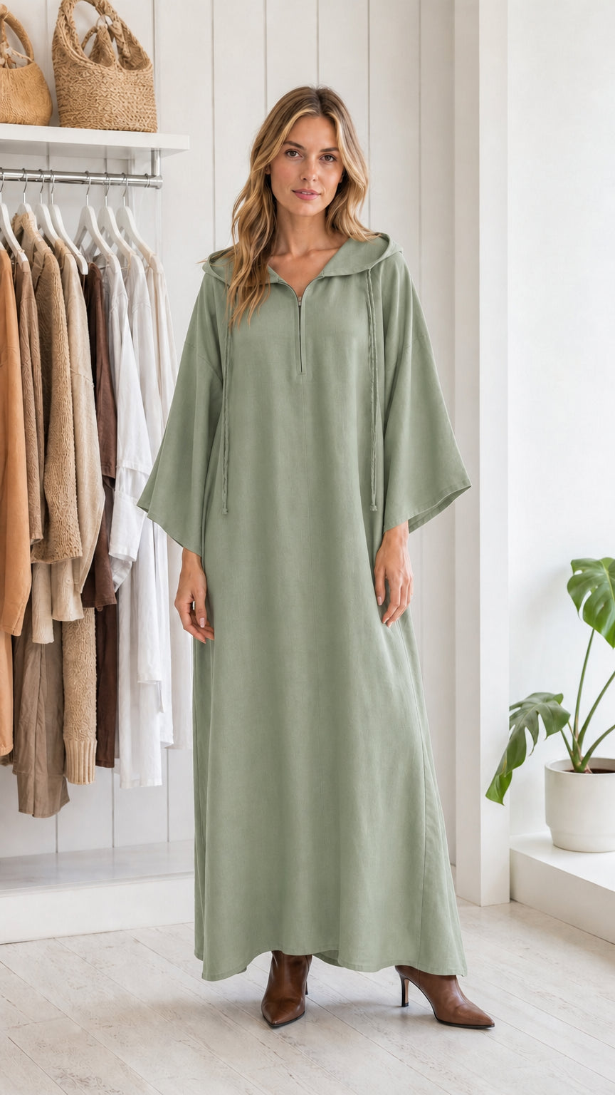 Full view of woman wearing sage green hooded maxi kaftan