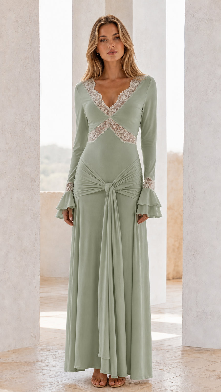 Front view of sage green lace-trimmed long sleeve maxi dress