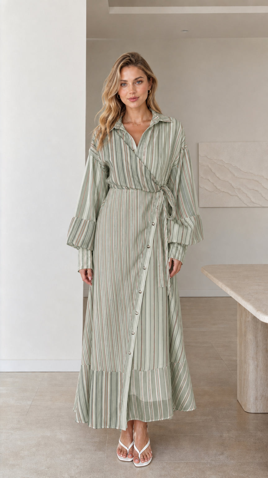 Model wearing sage green striped wrap maxi dress