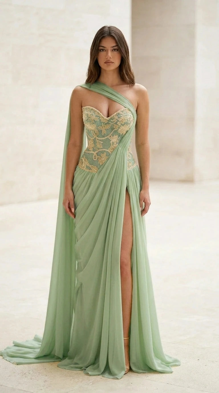 Front view of sage green evening gown