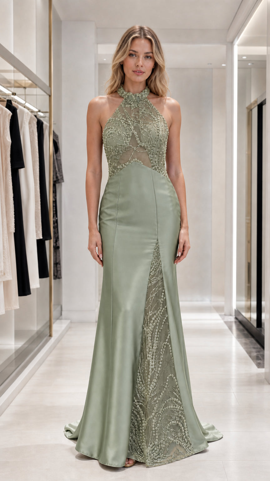 Front view of sage green color variant with high slit