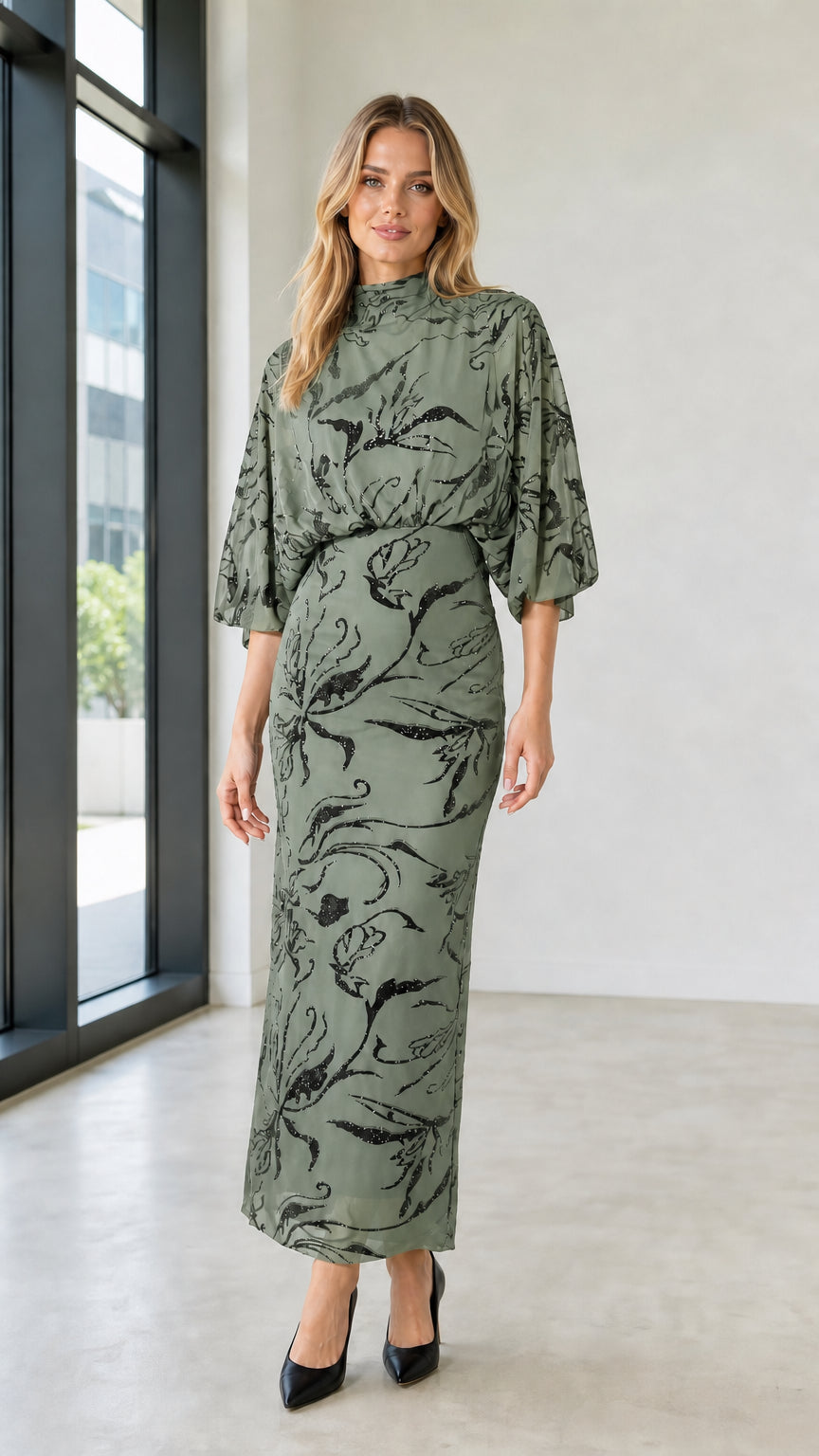 Front view of Sage Green mock neck sequin floral maxi dress