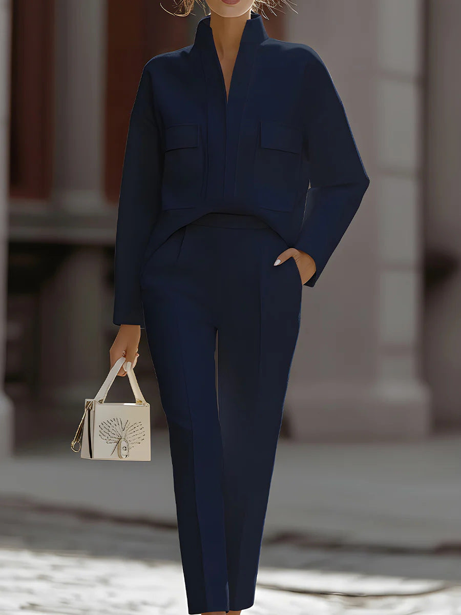 Woman wearing navy matching set