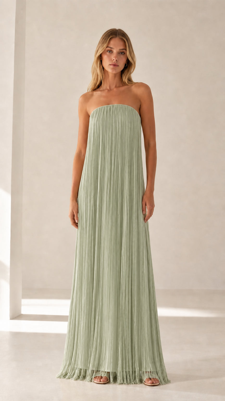 Model wearing sage green strapless pleated maxi dress