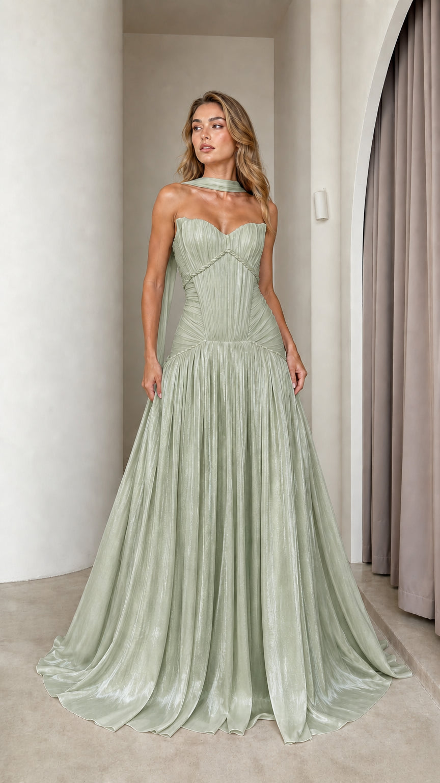 Model wearing sage green color variant
