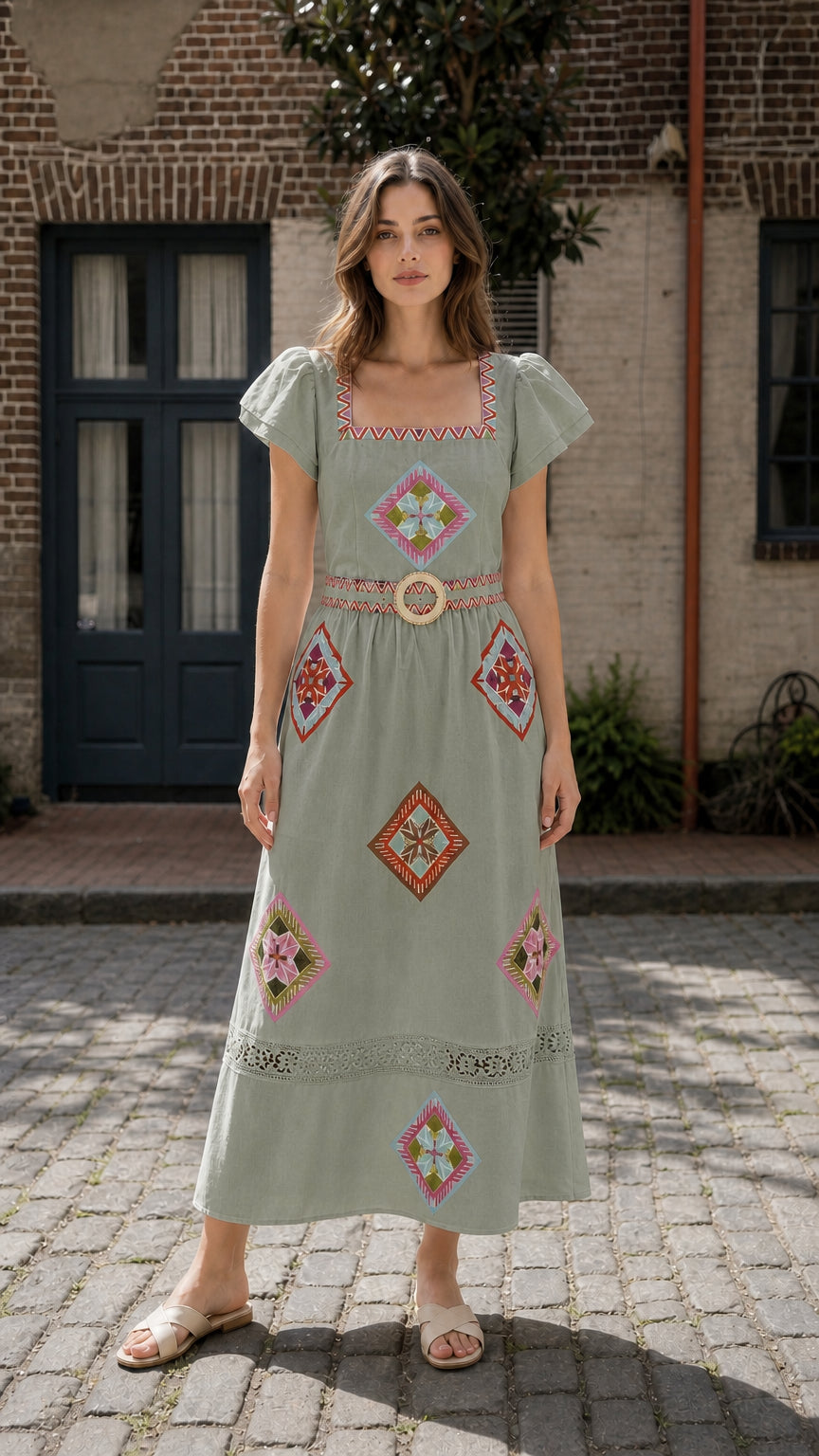 Front view of Sage Green Bohemian Geometric Embroidered Square Neck Maxi Dress