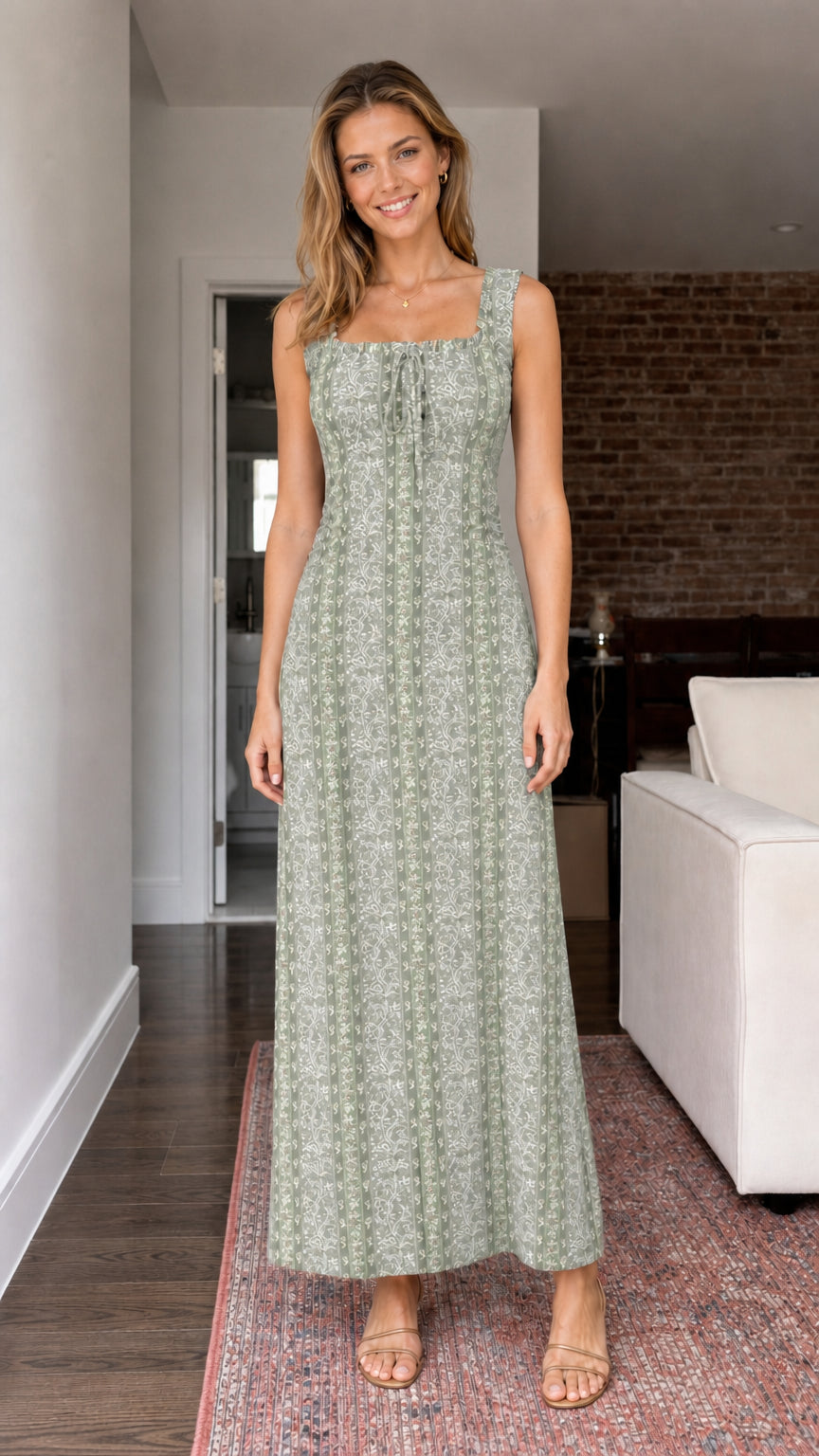 Front view of model wearing sage green printed smocked maxi dress