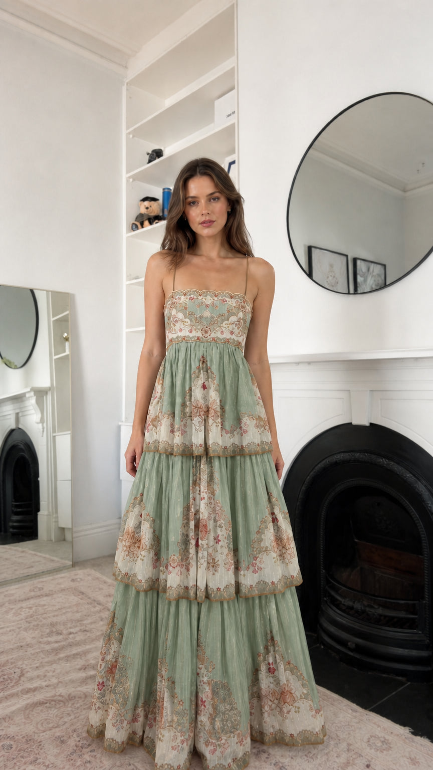 Sage green floral tiered maxi dress shown from the front