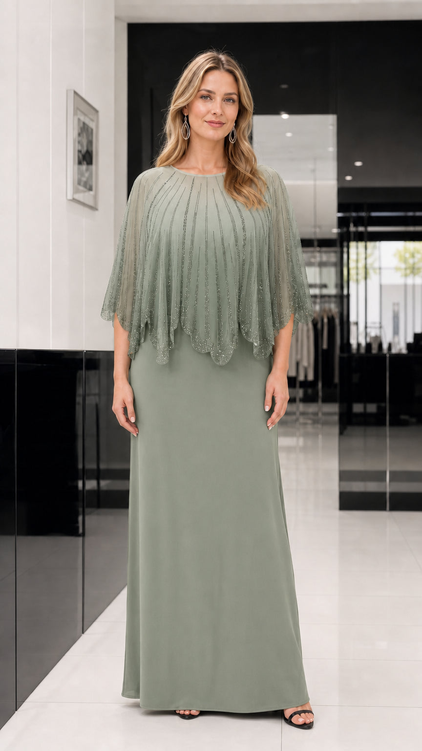 Sage green color variant of the capelet evening dress
