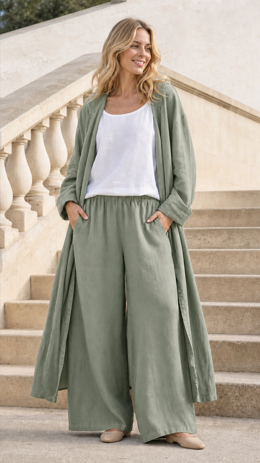 Model wearing Sage Green hooded long cardigan and wide-leg pants set