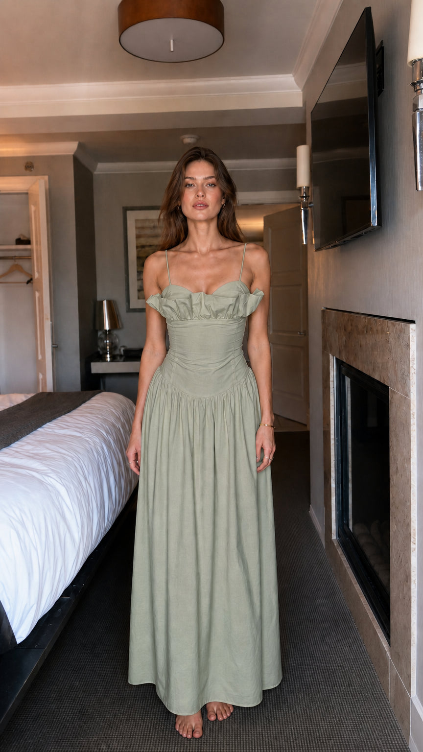 Full view of woman wearing sage green ruffled maxi dress
