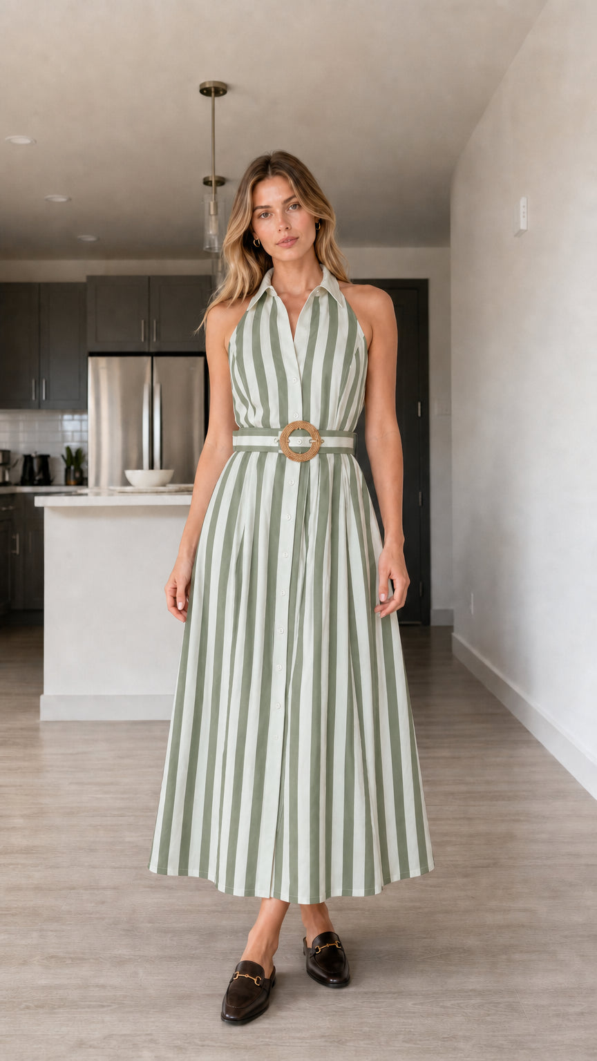 Full front view of sage green and white striped halter midi dress