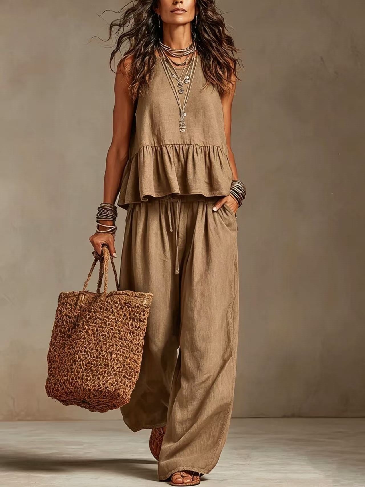 Woman wearing khaki boho sleeveless peplum top and wide leg pants set
