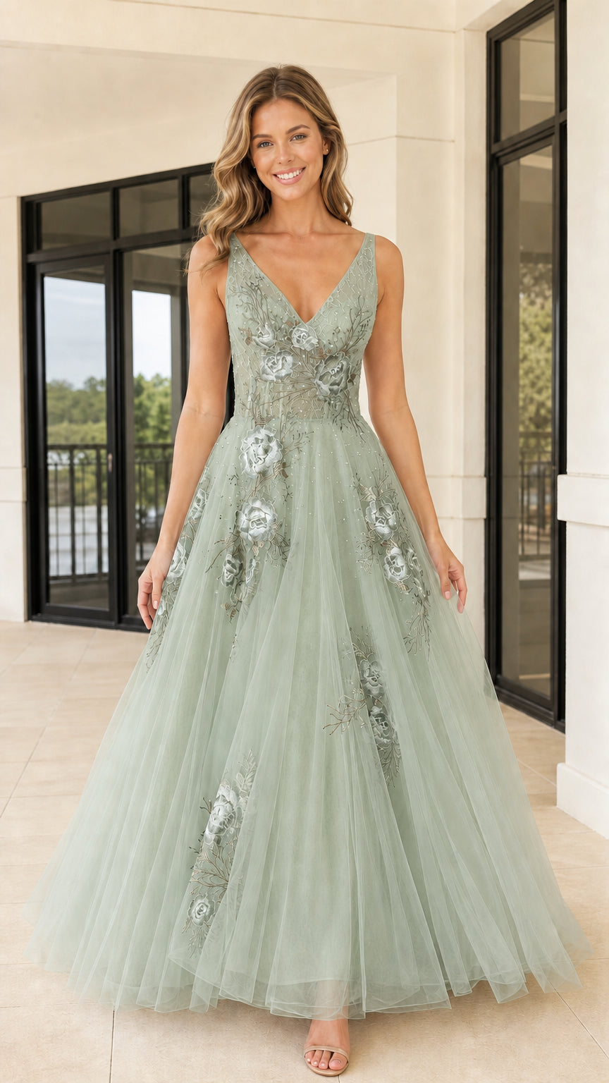 Front view of sage green floral embroidered tulle evening gown
