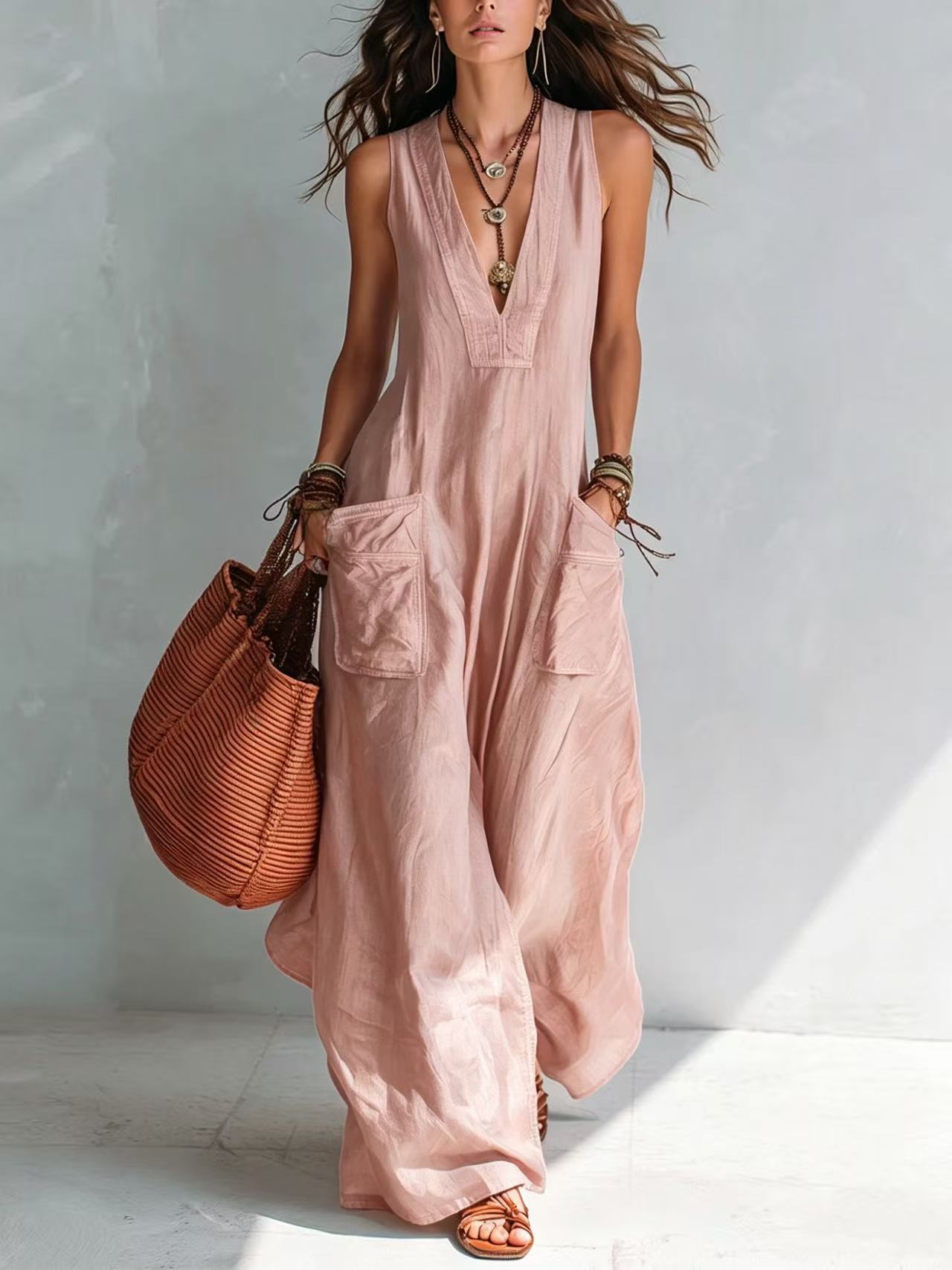 Pink V-Neck Sleeveless Pocket Jumpsuit