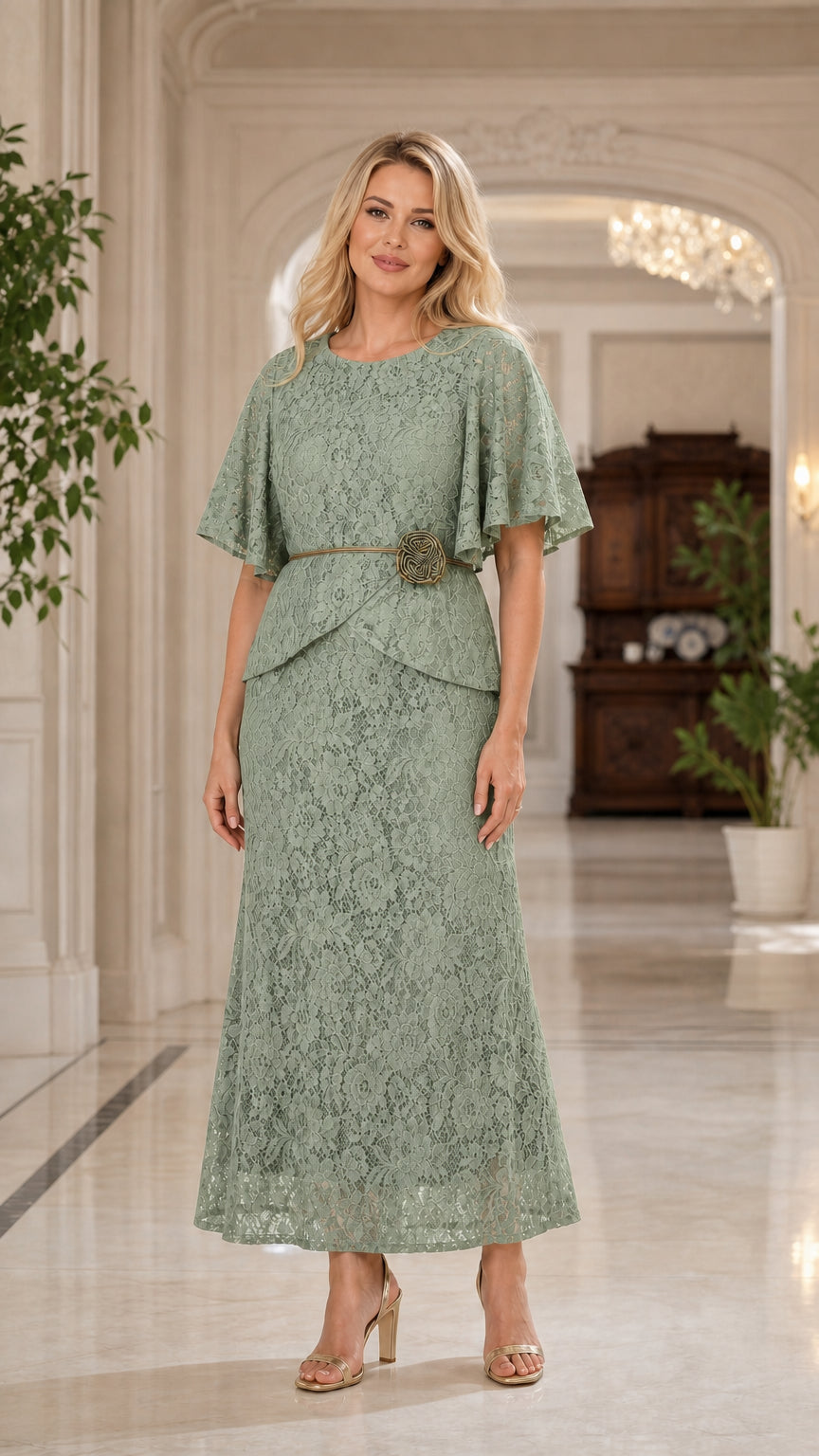 Front view of sage green lace overlay maxi dress
