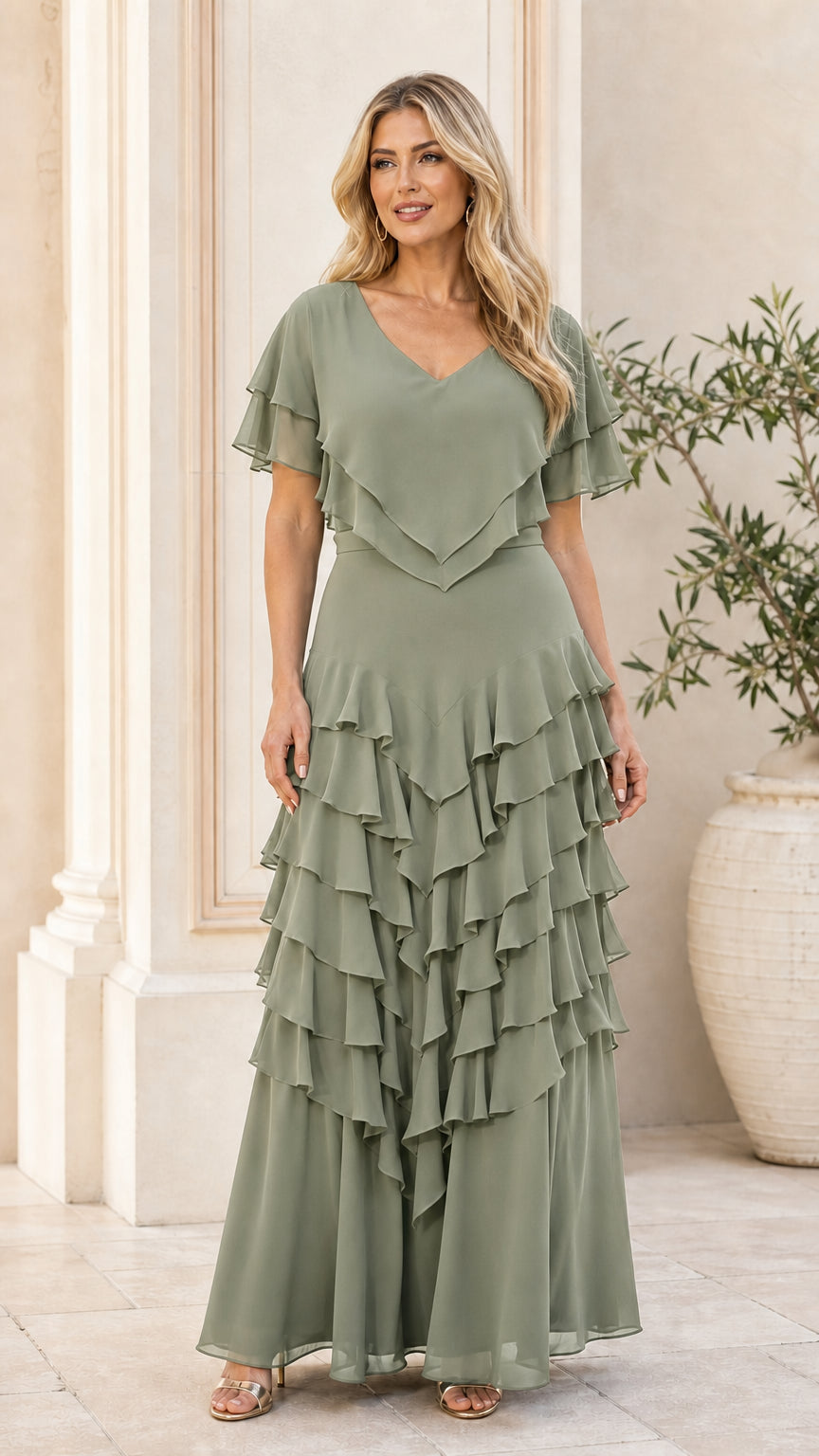 Model wearing sage green chiffon ruffle maxi dress
