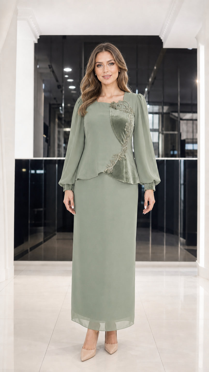 Front view of sage green evening maxi dress