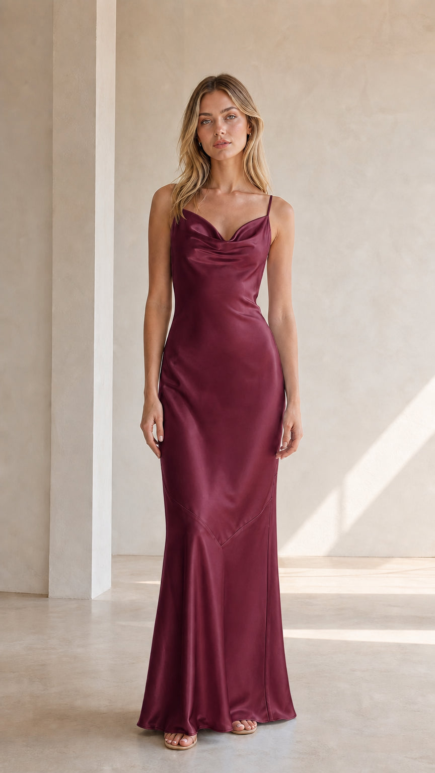 Front view of model wearing burgundy satin cowl neck maxi dress