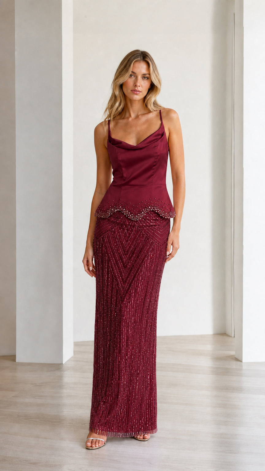 Elegance Beaded Cami Peplum Maxi Dress in Burgundy front view