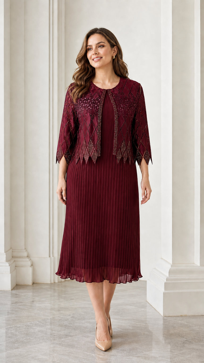 Front full view of burgundy two-piece dress set
