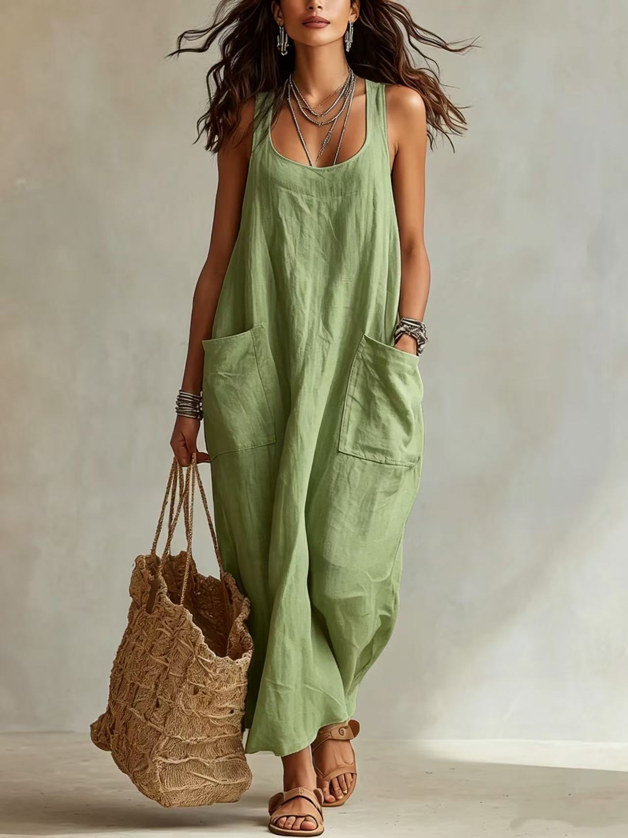 Women's casual sleeveless loose fit maxi jumpsuit in green