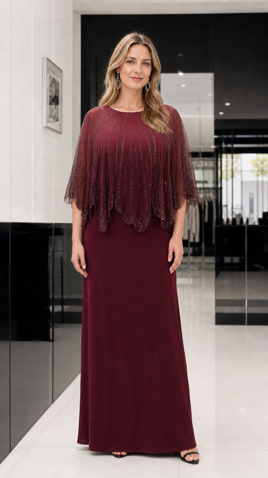 Burgundy color variant of the capelet evening dress