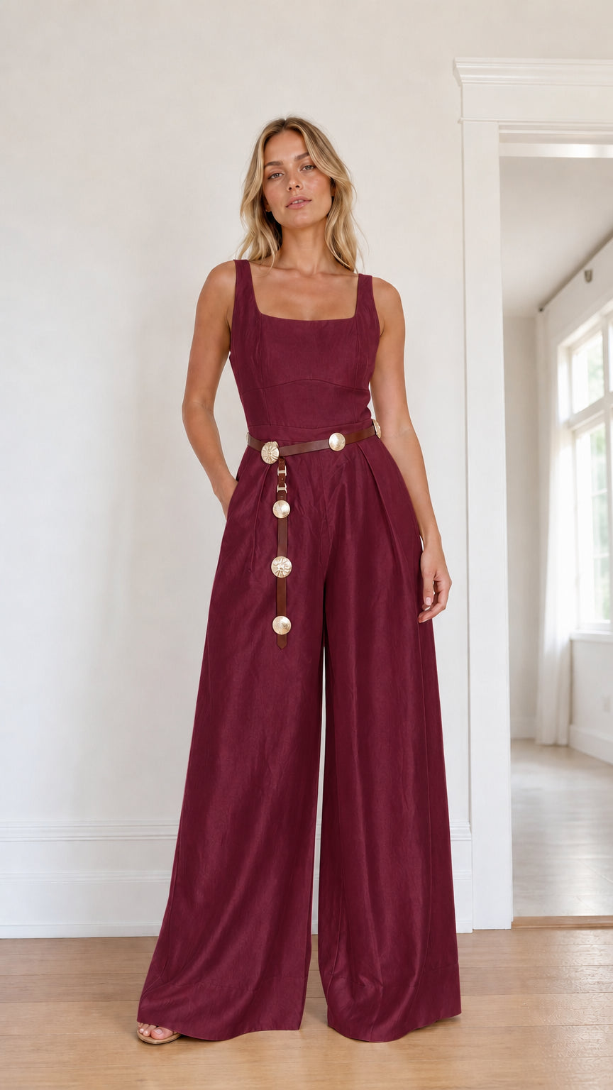 Front view of model wearing burgundy wide leg jumpsuit