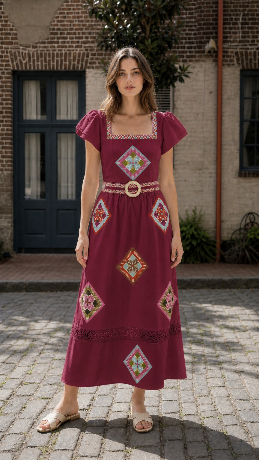 Front view of Burgundy Bohemian Geometric Embroidered Square Neck Maxi Dress