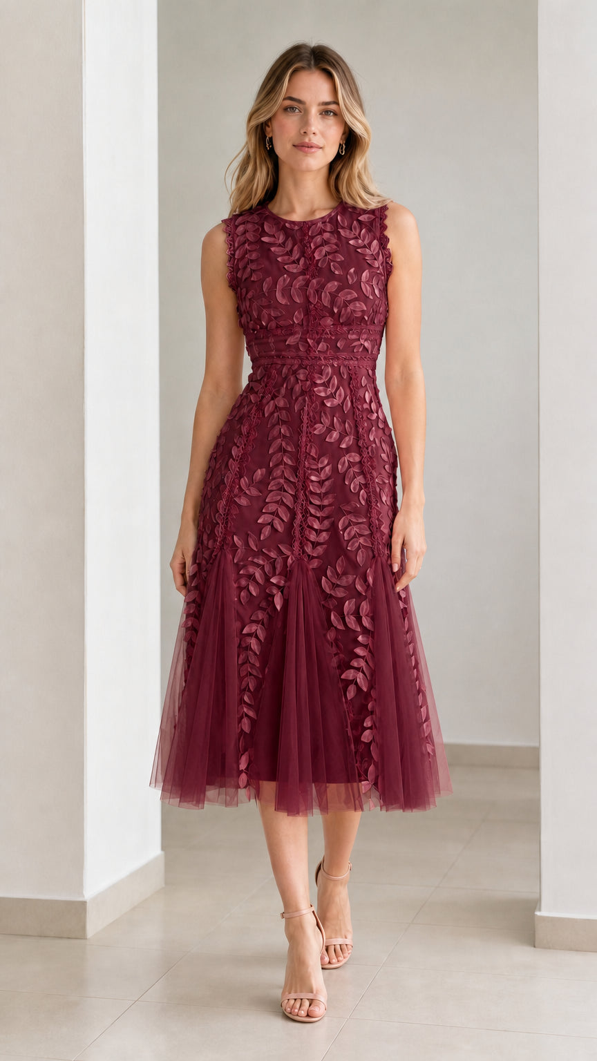 Front view of model wearing burgundy embroidered leaf applique midi dress