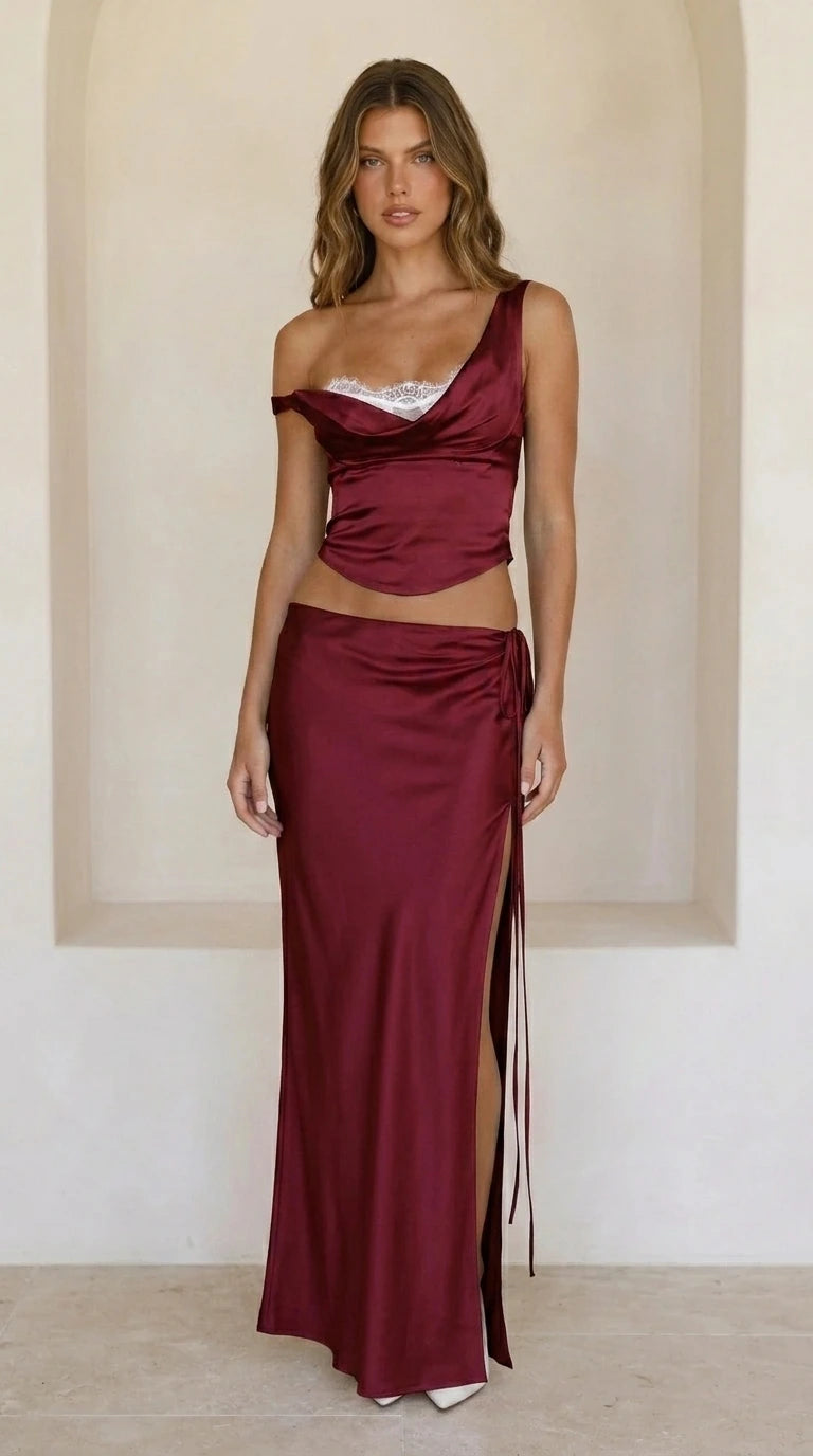 Front view of burgundy satin two-piece set