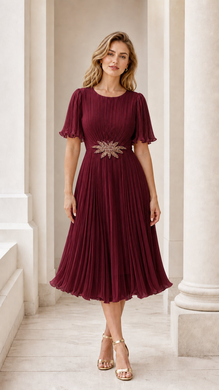 Front view of model wearing the burgundy pleated midi dress