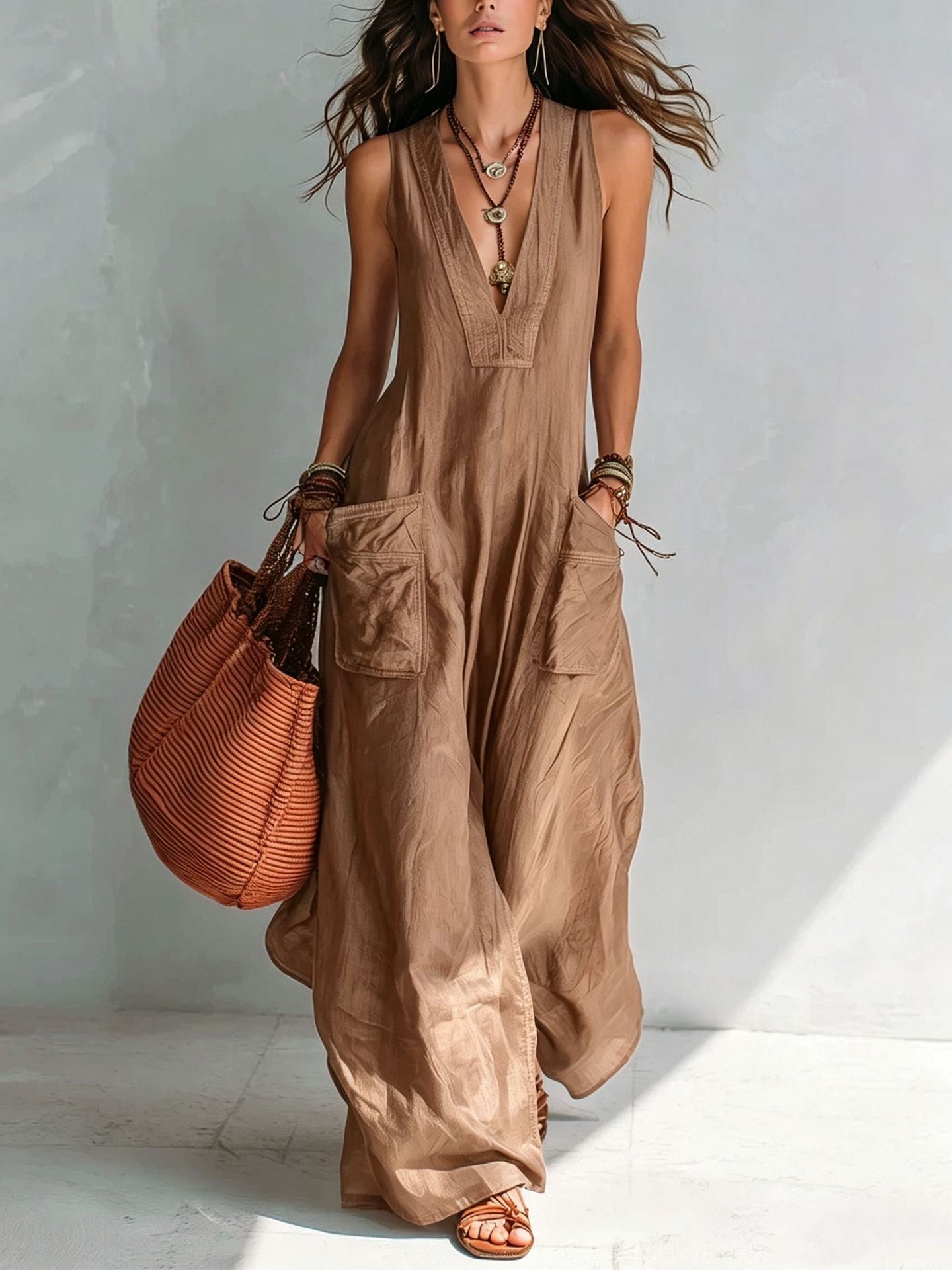 Brown V-Neck Sleeveless Pocket Jumpsuit